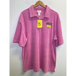 Smiley X‎ H&M Men's Size L Polo Shirt Pink Cotton Blend Terry Cloth Short Sleeve